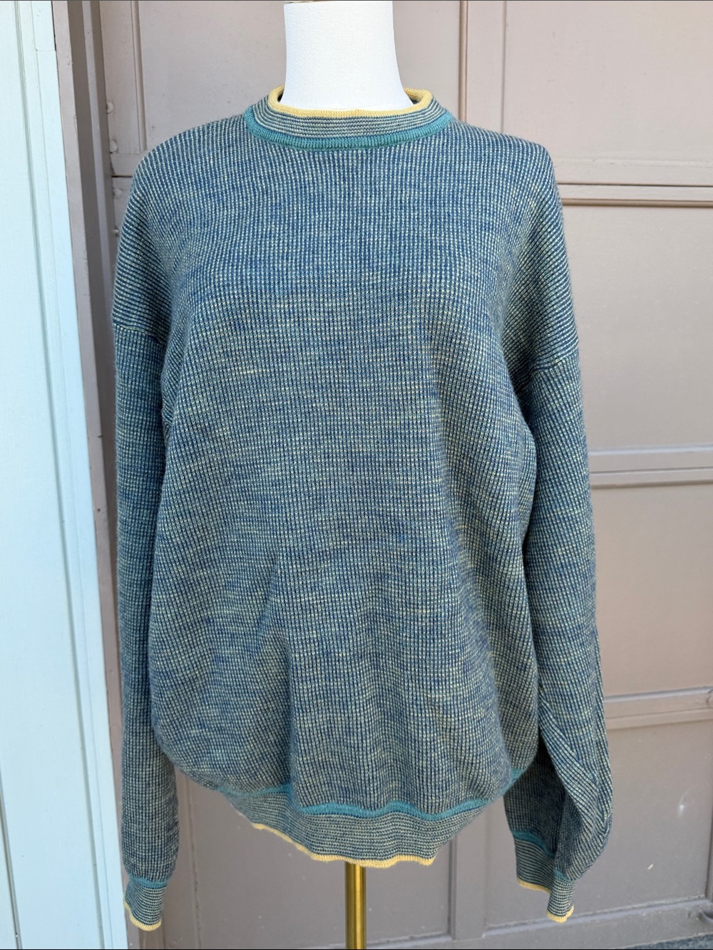 Relaxed Crewneck Sweater in Teal and Cream